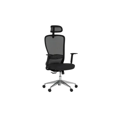 Carmen NIDAU Ergonomischer Bürostuhl mit Netzrücken, Kopfstütze, Lordosenstütze, 1D-Armlehnen und Alu-Fußkreuz – Schwarz