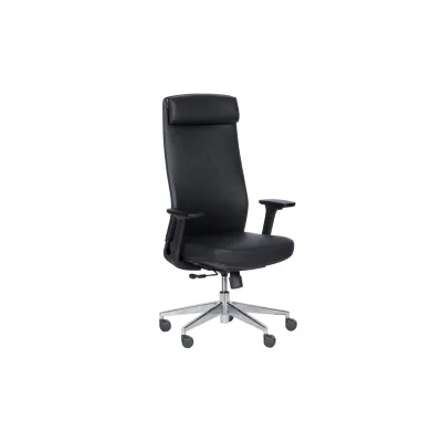 Carmen SLIGO LUX Ergonomischer Bürostuhl mit Echtleder, Kopfstütze, Lordosenstütze, 4D-Armlehnen und Alu-Fußkreuz – Schwarz