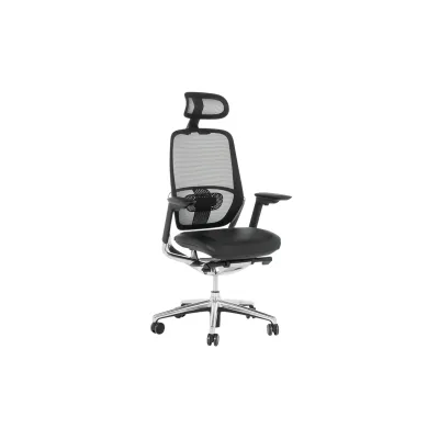 Carmen VAUD LUX Chefsessel XXL mit Netzrücken, Echtleder, Kopfstütze, Lordosenstütze, 4D-Armlehnen und Alu-Fußkreuz – Schwarz