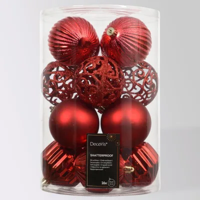Christbaumkugelnkugelmix, weihnachtsrot, Kunststoff, ca. Ø 8 cm, 16er-Set