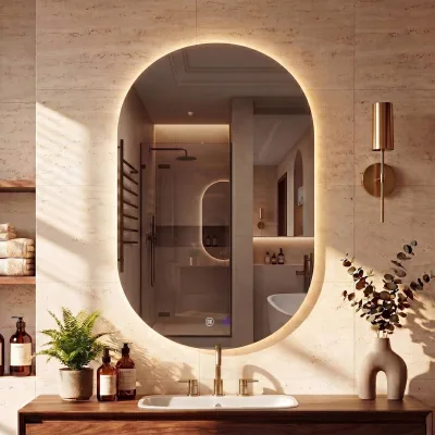 CLP Badspiegel mit LED-Beleuchtung oval, Badezimmerspiegel mit Touch-Dimmer, 3 Lichtfarben, beschlagfrei, rahmenloser Wandspiegel Barbora