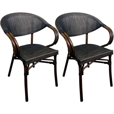 CLP Bistrostuhl 2er Set Sorva mit Armlehnen, aus Aluminium bis 200 kg, Stapelstuhl mit Holzoptik, ideal für Garten, Balkon und Terrasse