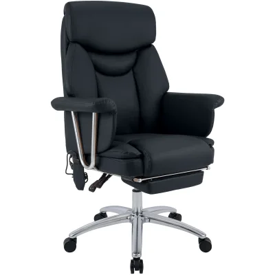 CLP Bürostuhl ergonomisch mit Massagefunktion Dahra, höhenverstellbarer Schreibtischstuhl mit Fußablage, Echtleder Akzente, belastbar bis 135 kg