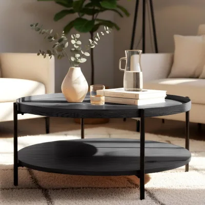 CLP Couchtisch rund Holz Corbitan, Sofatisch 2 Ebenen mit Stauraum, Beistelltisch klein Metallgestell schwarz