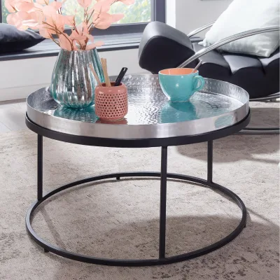 Couchtisch FineBuy Sofatisch Metall Hammerschlag Ø 62 cm Wohnzimmertisch Tisch
