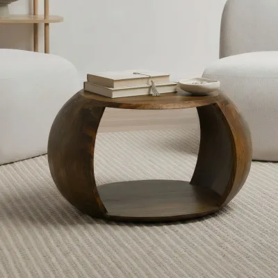 Couchtisch Mango Massivholz rund 60 cm Wohnzimmertisch Ablagefach Landhaus