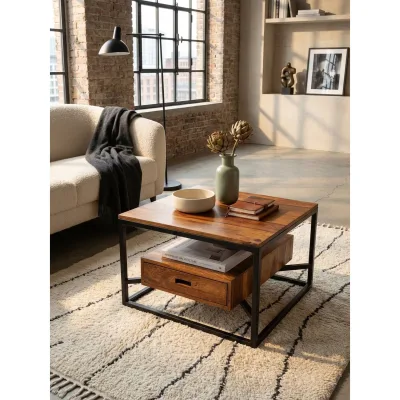 Couchtisch Quadratisch in Massivholz und Metall, mit Schublade, 60x60x40cm, Moderner Stil