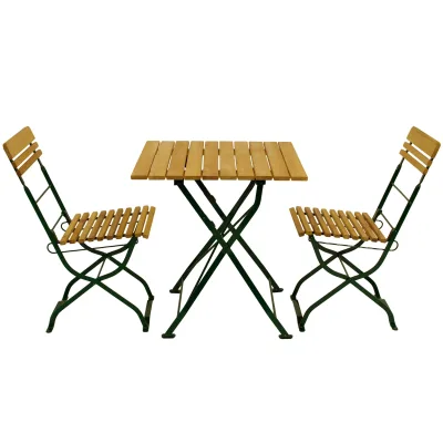 Biergarten - Garnitur MÜNCHEN 3-teilig (2x Stuhl, 1x Tisch 70x70cm), Flachstahl grün + Robinie