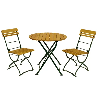 Biergarten - Garnitur MÜNCHEN 3-teilig (2x Stuhl, 1x Tisch 77cm rund), Flachstahl grün + Robinie