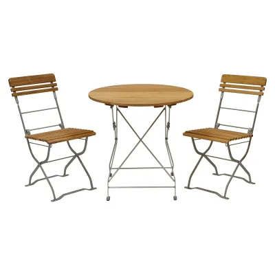 Biergarten - Garnitur MÜNCHEN 3-teilig (2x Stuhl, 1x Tisch 77cm rund), Flachstahl verzinkt + Robinie