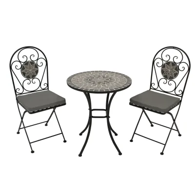 Bistroset SIENA 3-teilig, Eisen schwarz + Mosaik grau/weiss