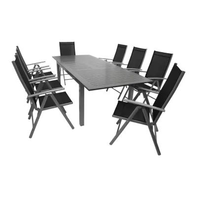 Garnitur BAJAZZO 9-teilig, Aluminium silbergrau + Kunstgewebe schwarz