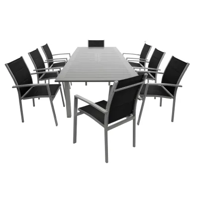 Garnitur BAJAZZO 9-teilig, Aluminium silbergrau + Kunstgewebe schwarz