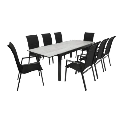 Garnitur FARO 9-teilig, Alu + Glas + Kunstgewebe schwarz