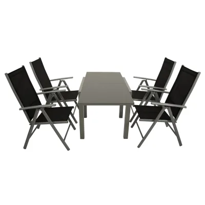 Garnitur MARINA 5-teilig, Aluminium silbergrau + Glas + Kunstgewebe schwarz