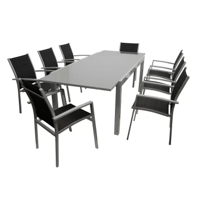 Garnitur MARINA 9-teilig, Aluminium silbergrau + Glas + Kunstgewebe schwarz