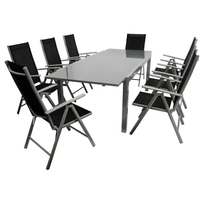 Garnitur MARINA 9-teilig, Aluminium silbergrau + Kunstgewebe schwarz