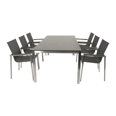 Garnitur MELBOURNE 7-teilig, Edelstahl + Glas + Kunstgewebe grau