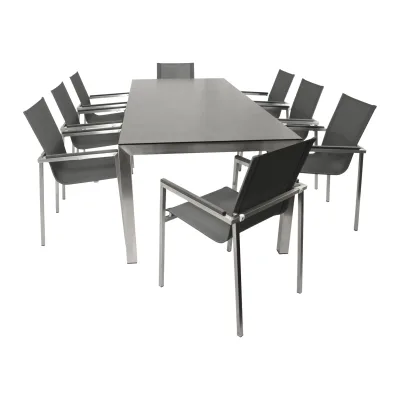 Garnitur MELBOURNE 9-teilig, Edelstahl + Glas + Kunstgewebe grau