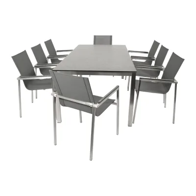 Garnitur MELBOURNE 9-teilig, Edelstahl + Glas + Kunstgewebe grau