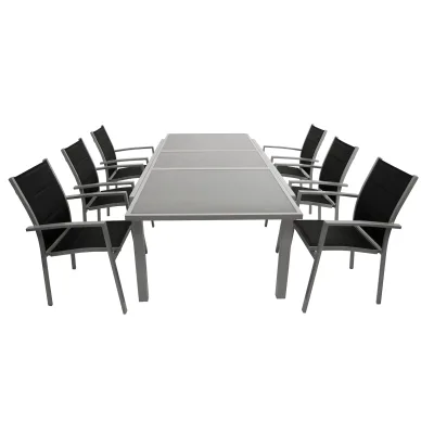 Garnitur PISA 7-teilig, Aluminium silbergrau + Glas + Kunstgewebe schwarz