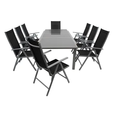 Garnitur PISA 9-teilig, Aluminium silbergrau + Glas + Kunstgewebe schwarz