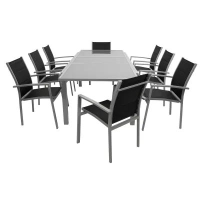 Garnitur PISA 9-teilig, Aluminium silbergrau + Glas + Kunstgewebe schwarz