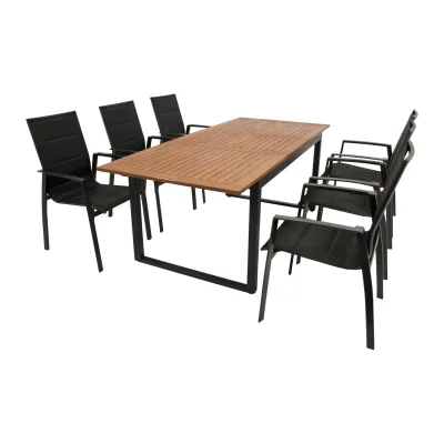 Garnitur RIVELLO 7-teilig, Alu + Akazie + Kunstgewebe schwarz