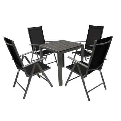 Garnitur SORANO 5-teilig mit Tisch 70x70cm, Aluminium + Kunstholz + Kunstgewebe schwarz