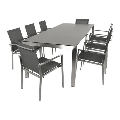 Garnitur SYDNEY 9-teilig, Edelstahl + Glas + Kunstgewebe grau