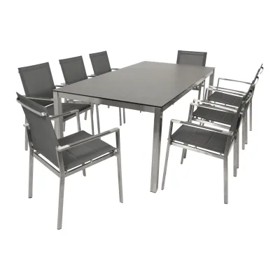 Garnitur SYDNEY 9-teilig, Edelstahl + Glas + Kunstgewebe grau