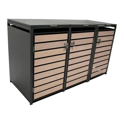 Mülltonnenbox BERLIN 200x80x116cm für 3x Tonnen 120 und 240 Liter, Stahl anthrazit mit Türen Holzoptik