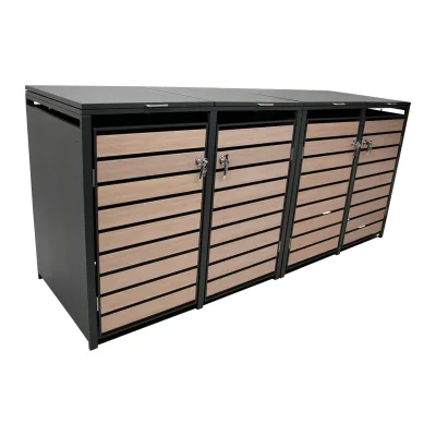 Mülltonnenbox BERLIN 264x80x116cm für 4x Tonnen 120 und 240 Liter, Stahl anthrazit mit Türen Holzoptik