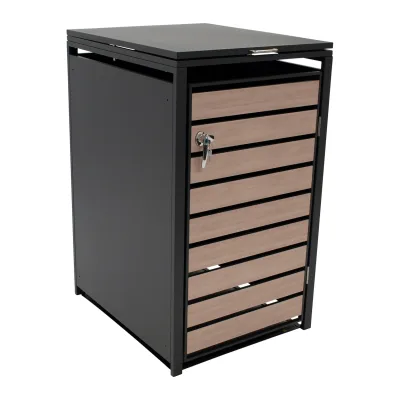 Mülltonnenbox BERLIN 68x80x116cm für Tonnen 120 und 240 Liter, Stahl anthrazit mit Türen Holzoptik