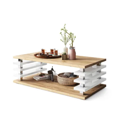 designimpex Couchtisch Eiche, Weiß Hochglanz 120x40x60 cm