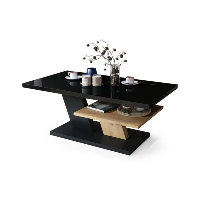 designimpex Couchtisch Schwarz Hochglanz, Eiche 110x45x60 cm