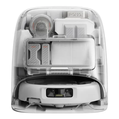 dji ROMO P Saugroboter mit Wischfunktion (25.000 Pa Saugleistung, App-Steuerung, Transparente Optik, Selbstreinigung mit Heißwasser, Staubabsaugstation)