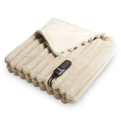 duux Yentl Striped Beige Heizdecke (9 Heizstufen, 160 Watt, 1-9 Stunden Timer, Maschinenwäsche bei 30 °C, Überhitzungsschutz, Kunstfelloberfläche, 200 x 200 cm)