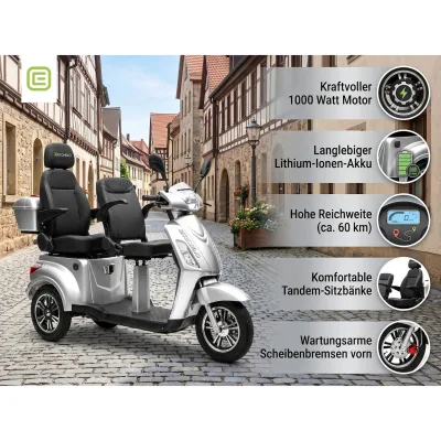 ECONELO E-Seniorenmobil Billy 2.0, Lithium-Akku, 3-Rad, 60V, 1000 Watt, groß Sitz, Silber