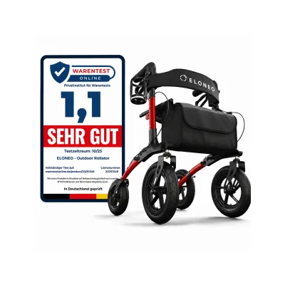 ELONEO Rollator faltbar und leicht mit Sitz, Outdoor Rollator mit Luftbereifung, höhenverstellbar aus Aluminium Rot