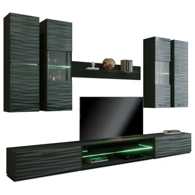 Feldmann-Wohnen Wohnwand Schwarz Hochglanz, Schwarz 280x195x43 cm