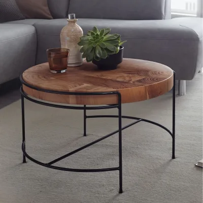 FineBuy Couchtisch Akazie Massivholz rund 62 cm Wohnzimmertisch Baumscheibe