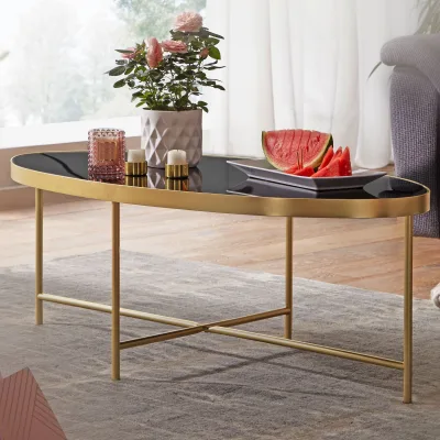 FineBuy Couchtisch Glas Schwarz Wohnzimmertisch Oval 110 x 56 Glastisch Gold
