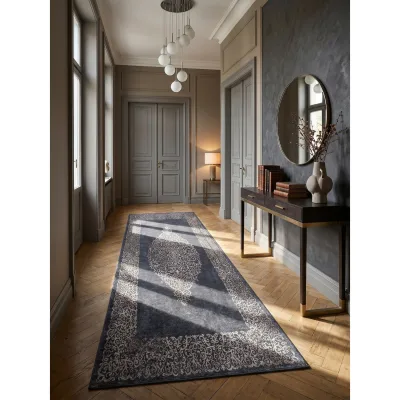 Flachwebteppich Waschbar PIZOL, mit Barock-Motiv, Schwarz, 80 x 150 cm