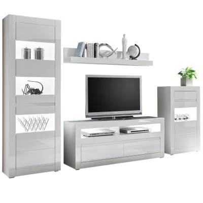 Furn.Design Wohnwand Weiß, Weiß Hochglanz, Grau 302x198x42 cm