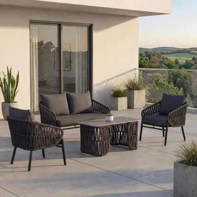 Gartengarnitur MCW-P90, Lounge-Set Gartenlounge Sofa Sessel Tisch, Seilgeflecht Rope Stoff/Textil (180g/m²) ~ anthrazit