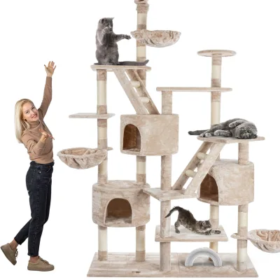 HAPPYPET Kratzbaum deckenhoch 260 cm hoch, Kletterbaum SAM – Großer XXL Katzenbaum Stabil für mehrere Katzen, stabile 8 cm Säulen, Liegemulden, Häuser, mit Zubehör   Creme