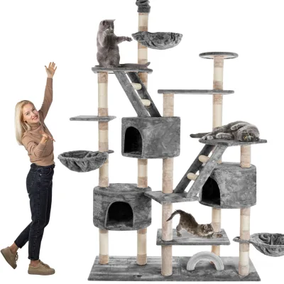 HAPPYPET Kratzbaum deckenhoch 260 cm hoch, Kletterbaum SAM – Großer XXL Katzenbaum Stabil für mehrere Katzen, stabile 8 cm Säulen, Liegemulden, Häuser, mit Zubehör   Hellgrau