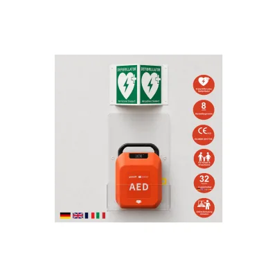 HeartSave Y mit LED-Grafik, Acrylwandhalterung & Winkelschild, DE/EN/FR/IT