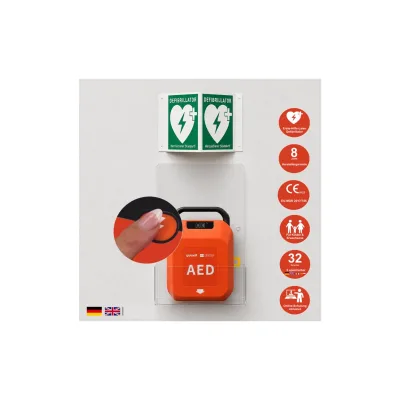 HeartSave YA mit LED-Grafik, Acrylwandhalterung & Winkelschild, DE/EN
